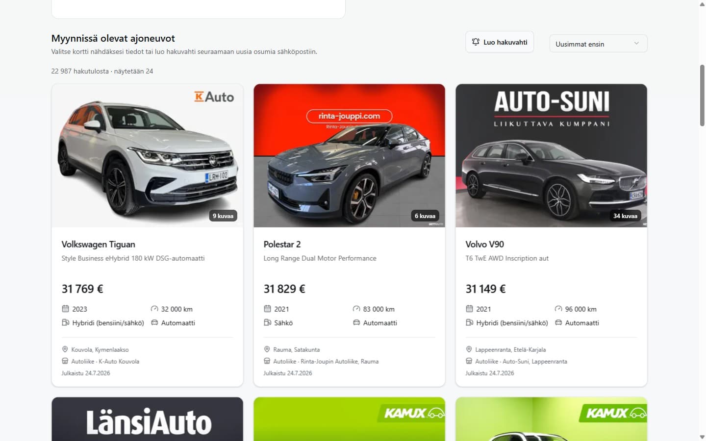 Autovahti vehicle catalogue with search filters, sorting controls and listing cards.