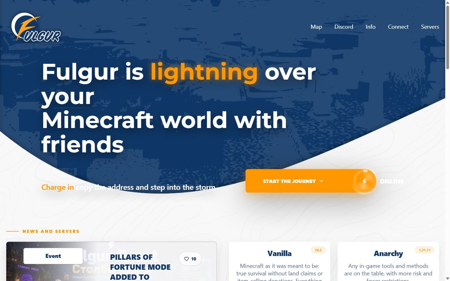 Fulgur public website showing the network identity, server entry point and current product surfaces.