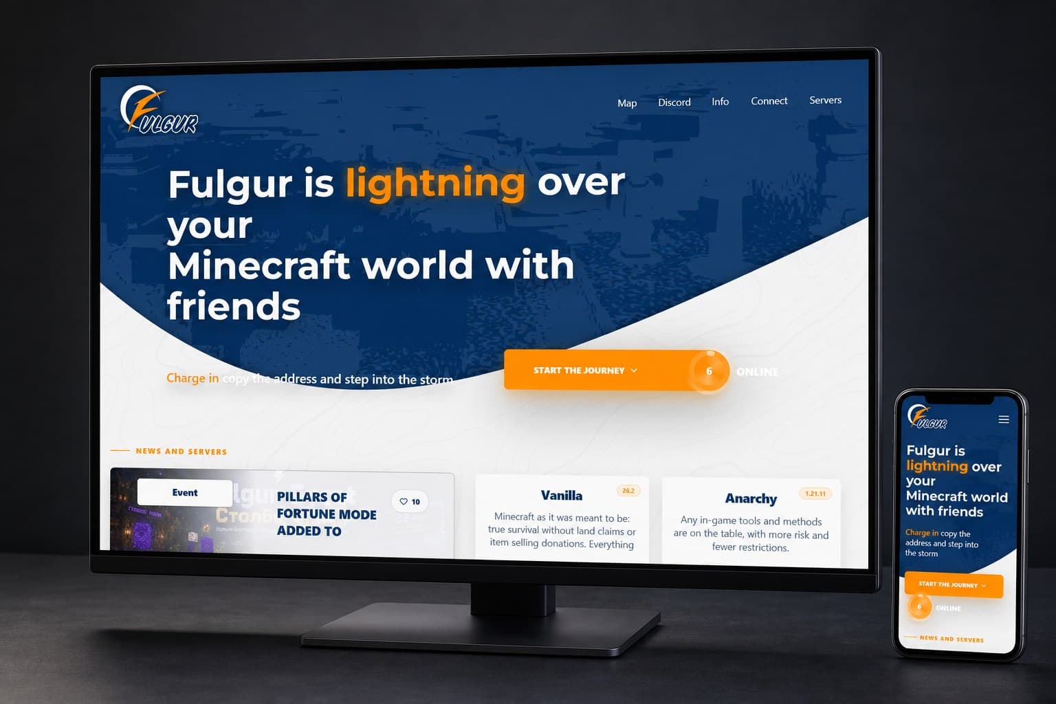 Fulgur website displayed on a large desktop monitor and a phone in a minimal dark studio.